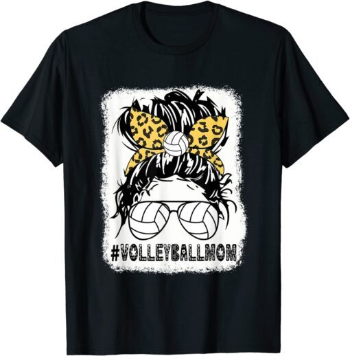 Volleyball Mom Leopard Messy Bun Ball Mom Mother's Day 2022 Tee Shirt