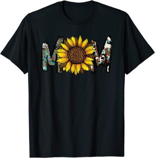 Western Cowhide Turquoise Sunflower Floral Mom Leopard Print Tee Shirt