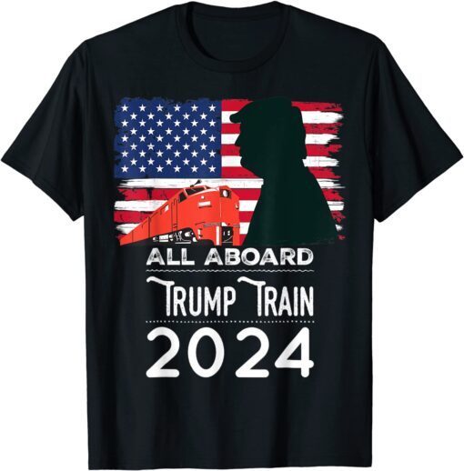 All Aboard Trump Train 2024 Vintage American Flag Apparel Tee Shirt