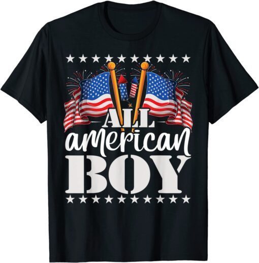 All American Boy - USA America Flag & Firework 4th July Tee Shirt