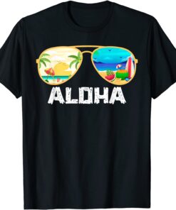 Aloha Hawaii Hawaiian Island Sunglasses Palm Trees Beach Tee Shirt