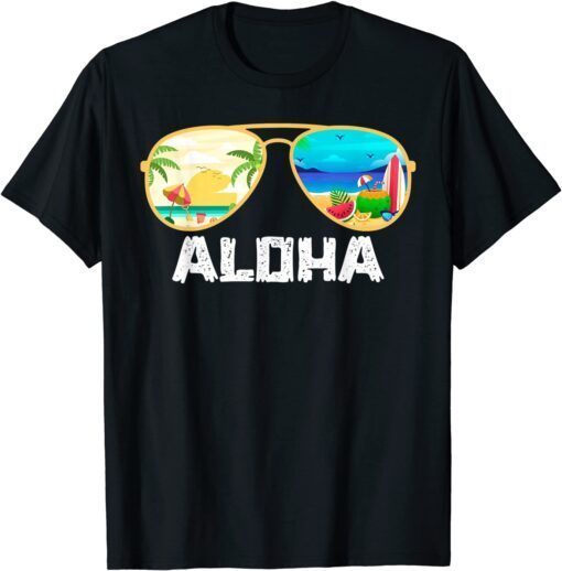 Aloha Hawaii Hawaiian Island Sunglasses Palm Trees Beach Tee Shirt