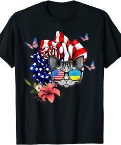 Cat proud and rose American Flag 4th Of July T-Shirt