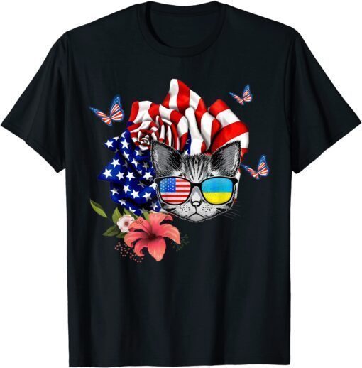 Cat proud and rose American Flag 4th Of July T-Shirt