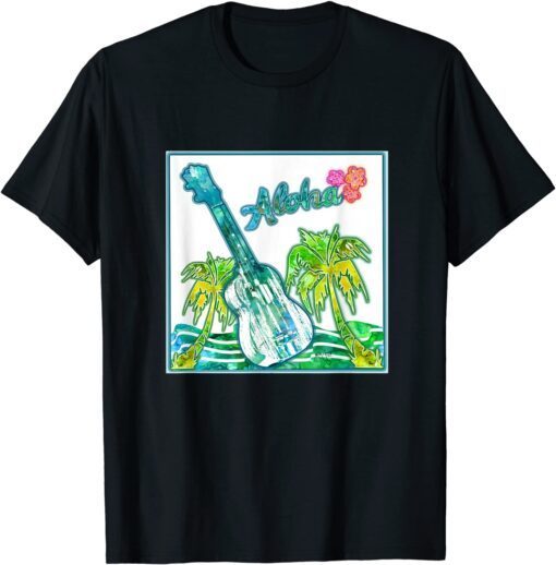 Colorful Hawaiin Aloha Ukelele with Palm Trees and Water Tee Shirt