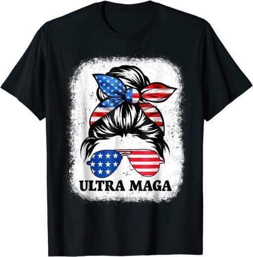 Distressed Ultra Maga Anti Biden Messy Bun USA Flag T-Shirt