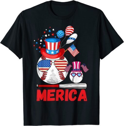 Merica Baseball 4th of july USA Flag Merica Fathers Day Tee Shirt