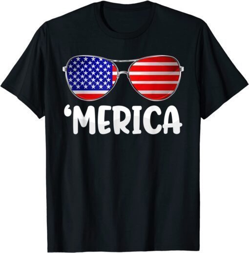 Merica Sunglasses 4th of July USA Flag Tee Shirt
