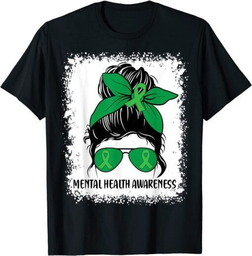 Messy Bun Mental Health Matters Awareness Green Ribbon Tee Shirt