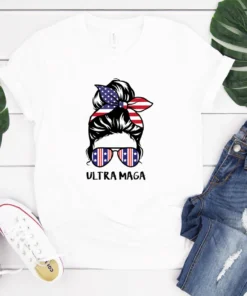 Messy Bun Ultra Maga American Flag USA Patriotic Tee Shirt