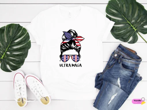 Messy Bun Ultra Maga American Flag USA Patriotic Tee Shirt