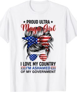 Proud Ultra MAGA Girl USA Flag Messy Bun Sunglasses Tee Shirt