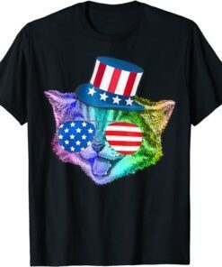 Rainbow Feline Cat 4th of July American Flag Tee Shirt