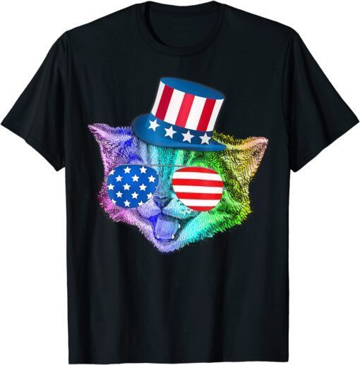 Rainbow Feline Cat 4th of July American Flag Tee Shirt