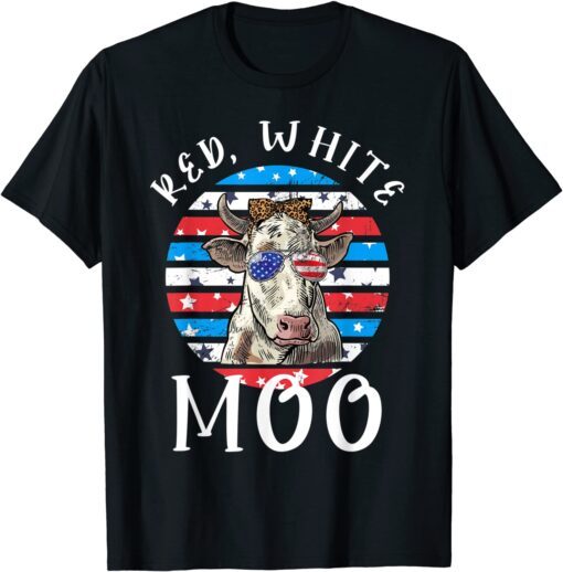 Red White Moo Cute American Cow Farmer 4th Of July Leopard Tee Shirt