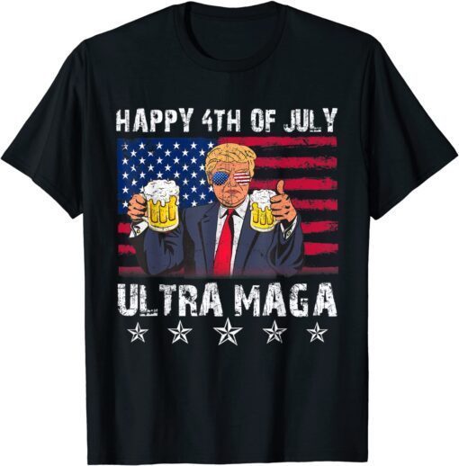 Retro Ultra Mega Pro Trump Beer Drinkin 4th Of July Us Flag T-Shirt