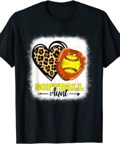 Softball Aunt Bleached Leopard Heart Glove Softball Auntie Tee Shirt