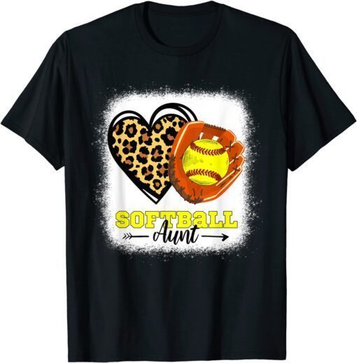 Softball Aunt Bleached Leopard Heart Glove Softball Auntie Tee Shirt