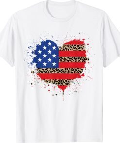 4th of July USA Love Heart Leopard Plaid American Flag Tee Shirt