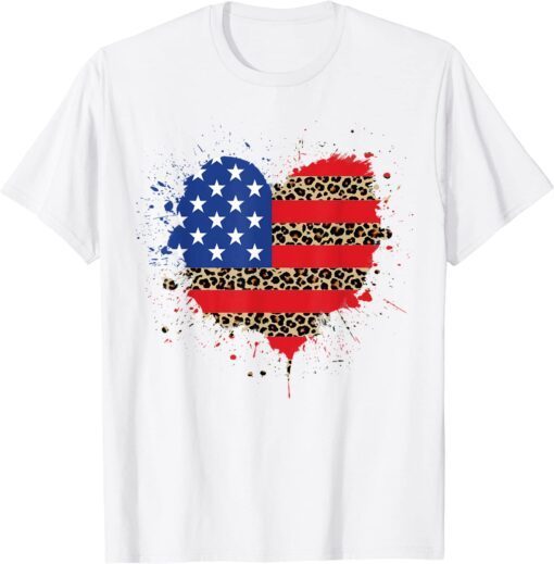 4th of July USA Love Heart Leopard Plaid American Flag Tee Shirt