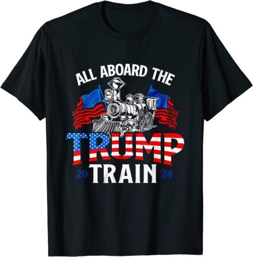 All Aboard Trump Train 2024 Vintage American Flag Tee Shirt