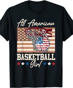 All American Basketball Girl 4th Of July Red White Blue Flag Tee Shirt