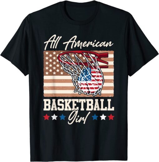 All American Basketball Girl 4th Of July Red White Blue Flag Tee Shirt