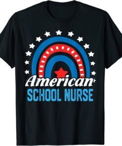 American School Nurse Rainbow USA Flag 4th Of July Patriotic Tee Shirt