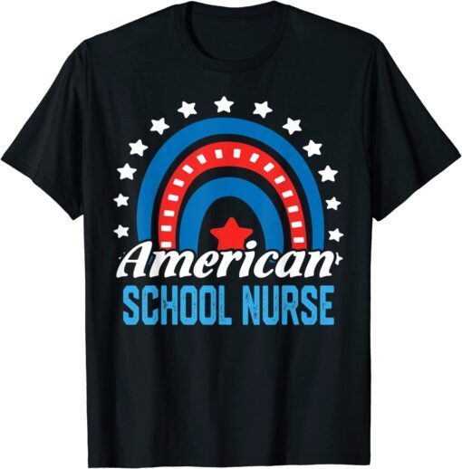 American School Nurse Rainbow USA Flag 4th Of July Patriotic Tee Shirt