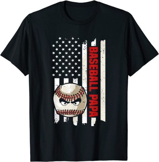 Baseball Papa Vintage USA Flag Father's Day Tee Shirt