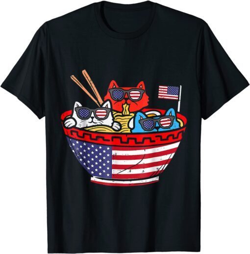 Cats Ramen Anime American Flag USA 4th Of July Fourth Tee Shirt