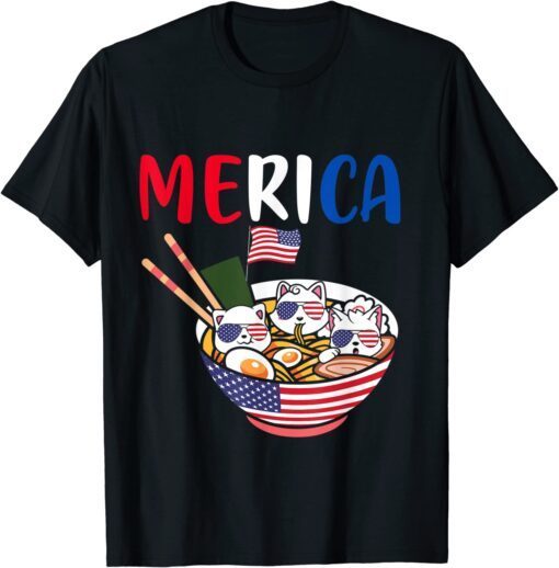 Cats Ramen Anime American Flag USA 4th Of July Merica T-Shirt