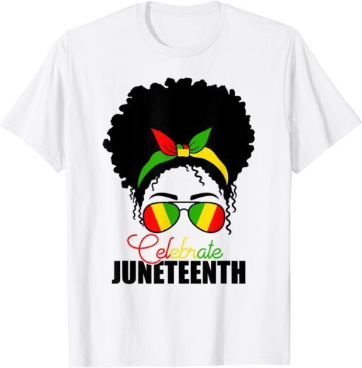 Cute Black Messy Bun Girls Juneteenth Celebrating 1865 Flag Tee Shirtt