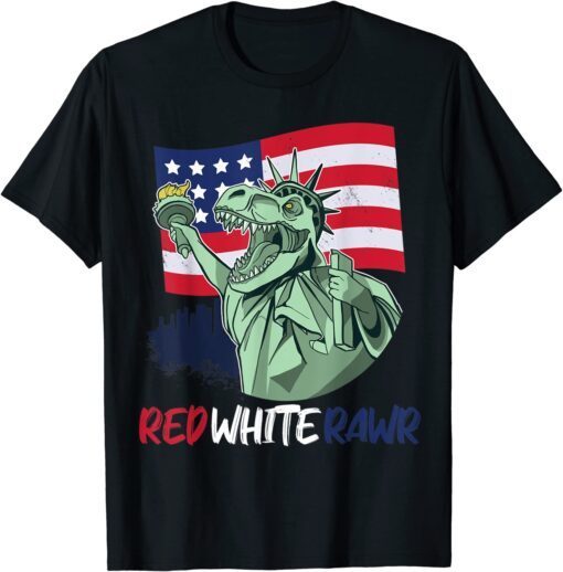 Dinosaur 4th of july American Flag Red White Rawr Tee Shirt