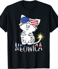 Happy 4th of July Meowica American Patriotic Flag Cat Tee Shirt