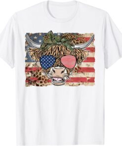 Highland Cow Merica 4th July US Flag Glasses Western Patriot Tee Shirt