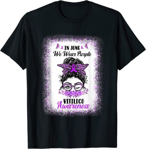 In June We Wear Purple Messy Bun Vitiligo Awareness Support Tee Shirt