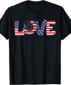 LOVE Sunflower 4th Of July American Flag Patriotic Tee Shirt