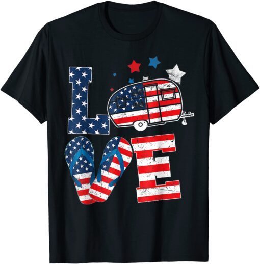 Love Camping USA Flag 4th Of July Flip Flop Camper Patriotic Tee Shirt