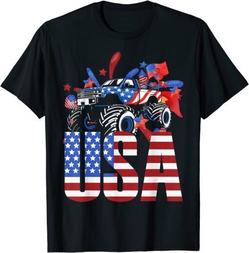 Monster Truck USA American Flag July 4th Tee Shirt