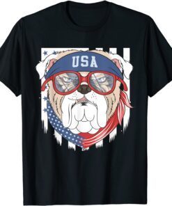 Patriotic USA 4th July Bulldog Bull Dog US Flag Sunglasses Tee Shirt