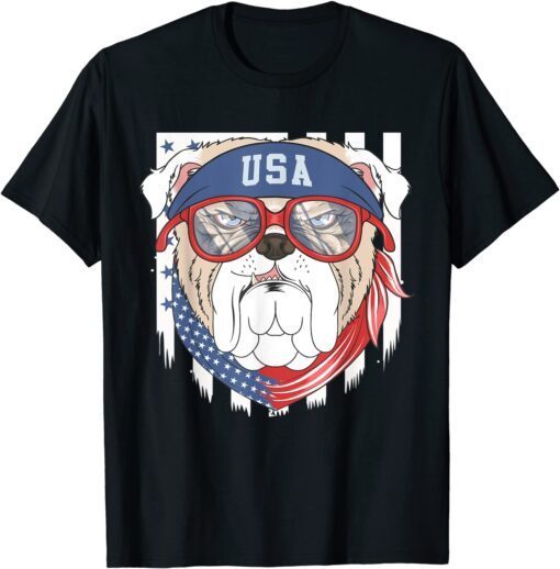 Patriotic USA 4th July Bulldog Bull Dog US Flag Sunglasses Tee Shirt