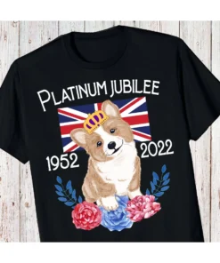 Queen Elizabeth's Platinum Jubilee Party Outfit 1952-2022 Union Jack Flag Corgi Tee Shirt