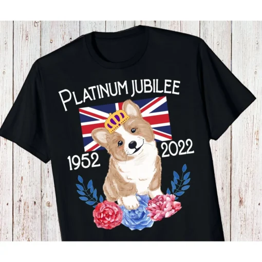 Queen Elizabeth's Platinum Jubilee Party Outfit 1952-2022 Union Jack Flag Corgi Tee Shirt