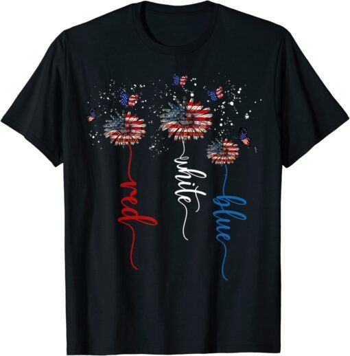 Red White Blue Sunflower Butterfly Patriotic 4th Of July Tee Shirt