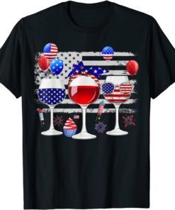 Red White Blue Three Wine Glasses American Flag 4th Of July Tee Shirt