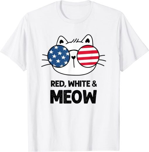 Red White and Meow Cute Patriotic Flag 4th of July Cat T-Shirt