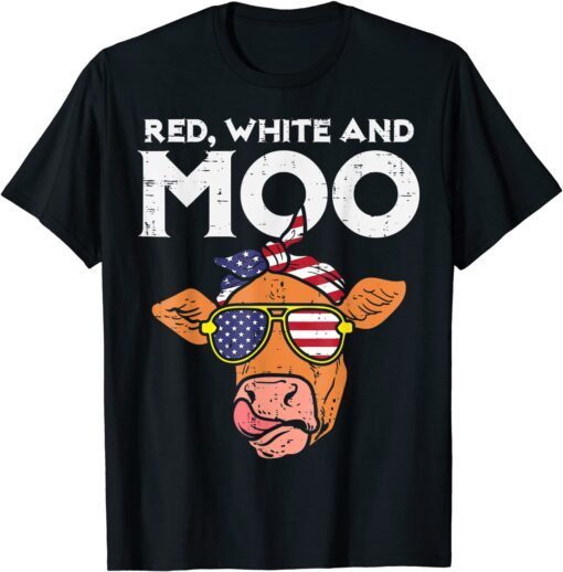 Red White and Moo Patriotic Cow USA Flag 4th of July Tee Shirt