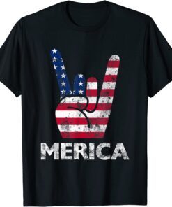 Retro USA 4th of July Vintage American Flag Merica Rock Sign Tee Shirt