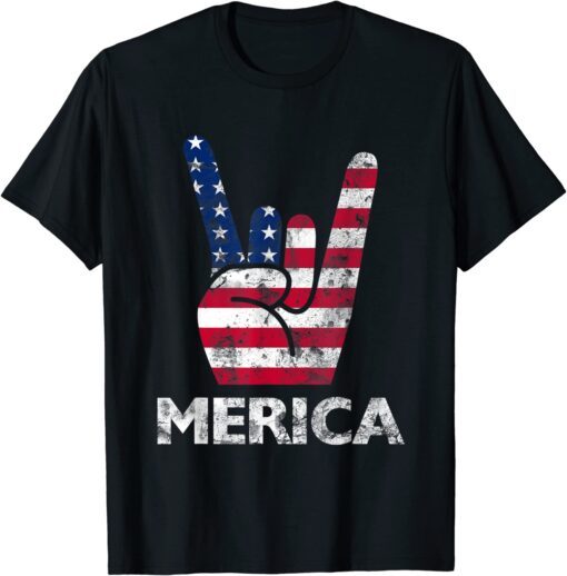 Retro USA 4th of July Vintage American Flag Merica Rock Sign Tee Shirt